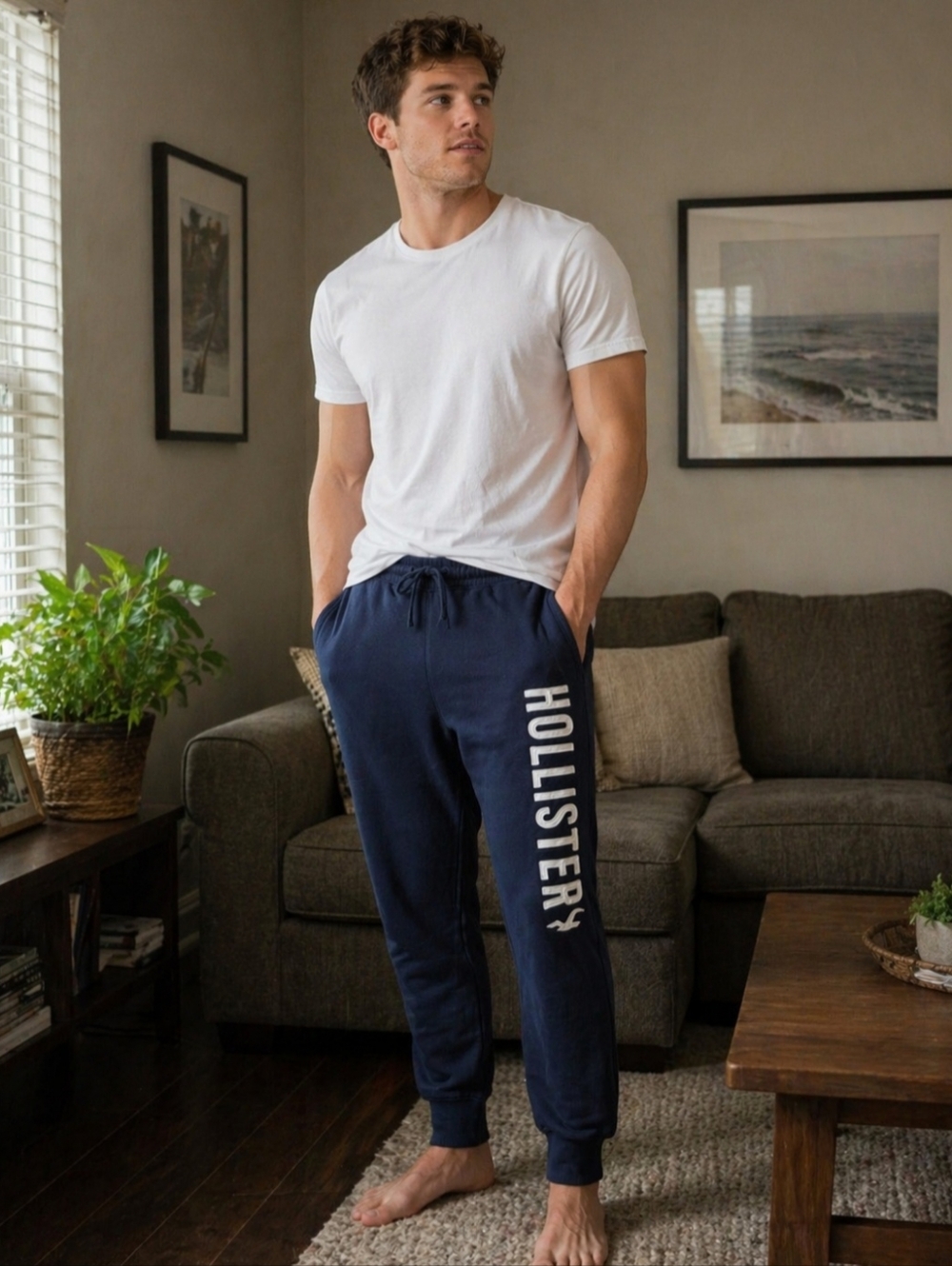 Hollister Men's Size Medium Navy Blue Relaxed Jogger Spellout On Leg Soft Lounge